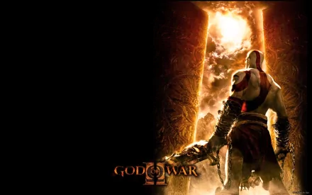 HD PC desktop wallpaper featuring Kratos from the video game God of War II standing before a glowing doorway with an intense, fiery sky.