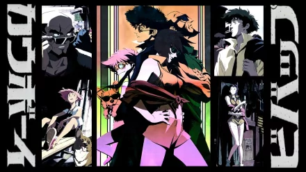 HD PC desktop wallpaper featuring the main characters of the anime Cowboy Bebop in a dynamic, colorful composition with a bold graphic style.