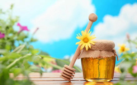 A jar of honey adorned with a daisy sits on a wooden surface, surrounded by a vibrant natural backdrop and blue skies, creating a cheerful food-themed desktop wallpaper.