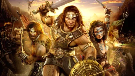A dynamic HD PC desktop wallpaper featuring characters from the video game Age of Conan, showcasing a warrior group amidst a dramatic sunset battle scene.