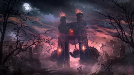 A dramatic HD wallpaper featuring a dark fortress shrouded in mist and fire, inspired by the video game Lineage II, set against a moonlit sky and barren landscape.