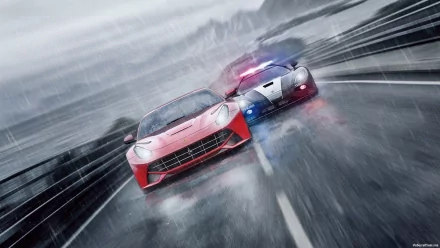 HD PC desktop wallpaper featuring intense racing action from the video game Need For Speed: Rivals, with a red sports car chased by a police vehicle on a rainy highway.