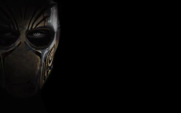 HD PC desktop wallpaper showing a half-visible ornate combat mask and eye against black — Army Of Two (video game).