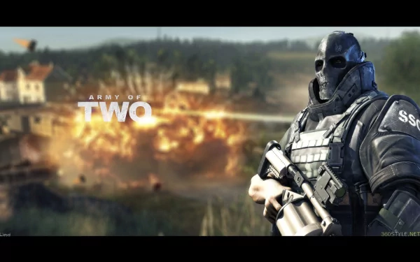 HD PC desktop wallpaper featuring a heavily armored soldier from the video game Army of Two, set against a backdrop of fiery explosions and a village.