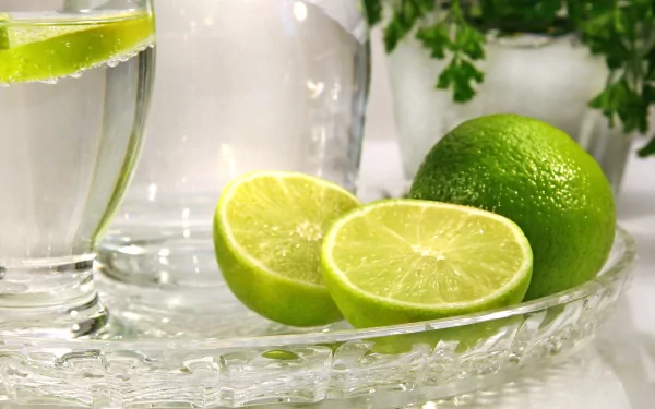 HD PC desktop wallpaper featuring fresh green limes, one whole and one cut in half, displayed on a glass tray with a glass of lime water in the background.