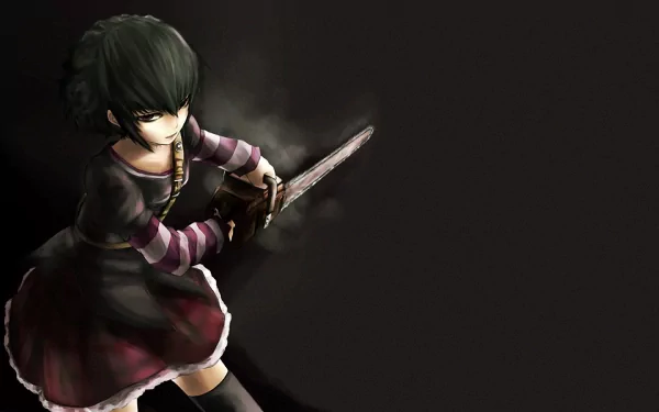 A dynamic HD anime wallpaper featuring a character from Black Lagoon, wielding a sword with a fierce expression against a dark background.
