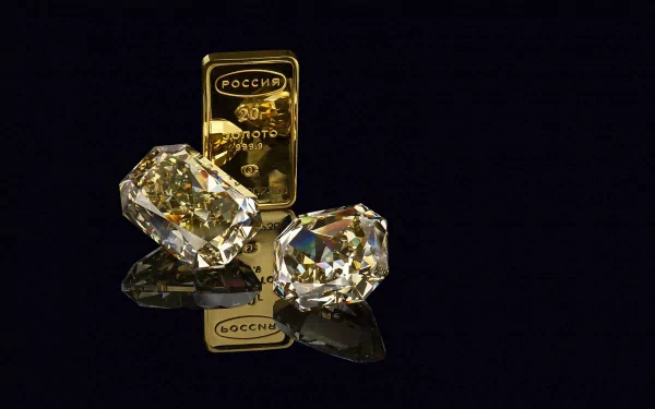 A stunning HD desktop wallpaper featuring a gold bar and two sparkling gemstones, set against a sleek black background, showcasing their luxurious allure.