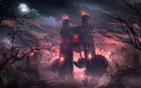 A dramatic HD wallpaper featuring a dark fortress shrouded in mist and fire, inspired by the video game Lineage II, set against a moonlit sky and barren landscape.