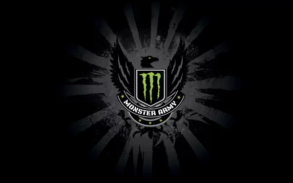 HD desktop wallpaper featuring a man-made graphic of a black eagle with spread wings holding the Monster Energy logo shield, set against a dark radial burst background.