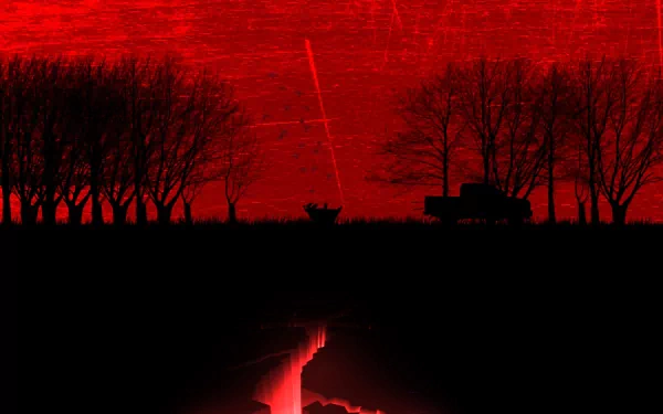 HD desktop wallpaper featuring a solitary car silhouetted against a dramatic red and black sky with dark trees, creating an artistic and intense atmosphere.