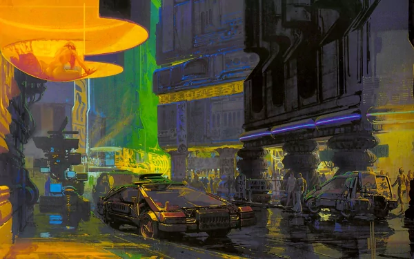 HD PC desktop wallpaper featuring a futuristic, neon-lit cityscape from the movie Blade Runner, showcasing iconic cars and a moody, cyberpunk atmosphere.