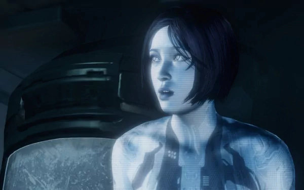 HD wallpaper featuring Cortana from the video game Halo 4, showcasing her expressive face against a futuristic backdrop, capturing the essence of the sci-fi series.