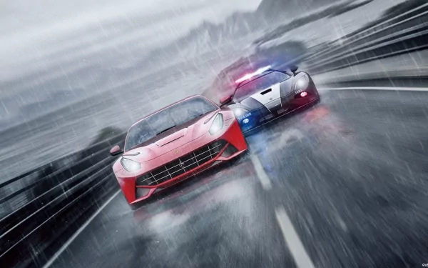 HD PC desktop wallpaper featuring intense racing action from the video game Need For Speed: Rivals, with a red sports car chased by a police vehicle on a rainy highway.