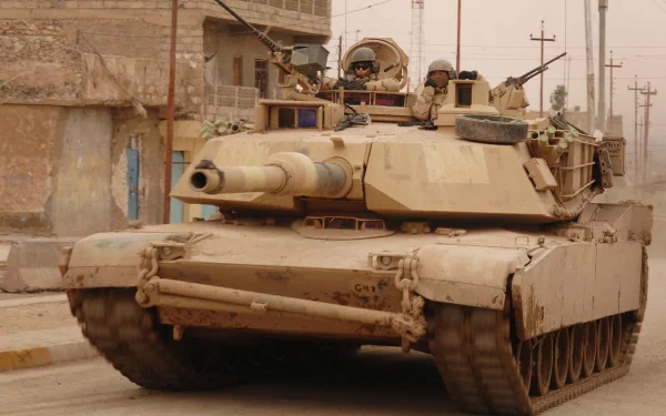 HD PC desktop wallpaper featuring a military tank advancing through an urban area with soldiers visible on and around the vehicle.