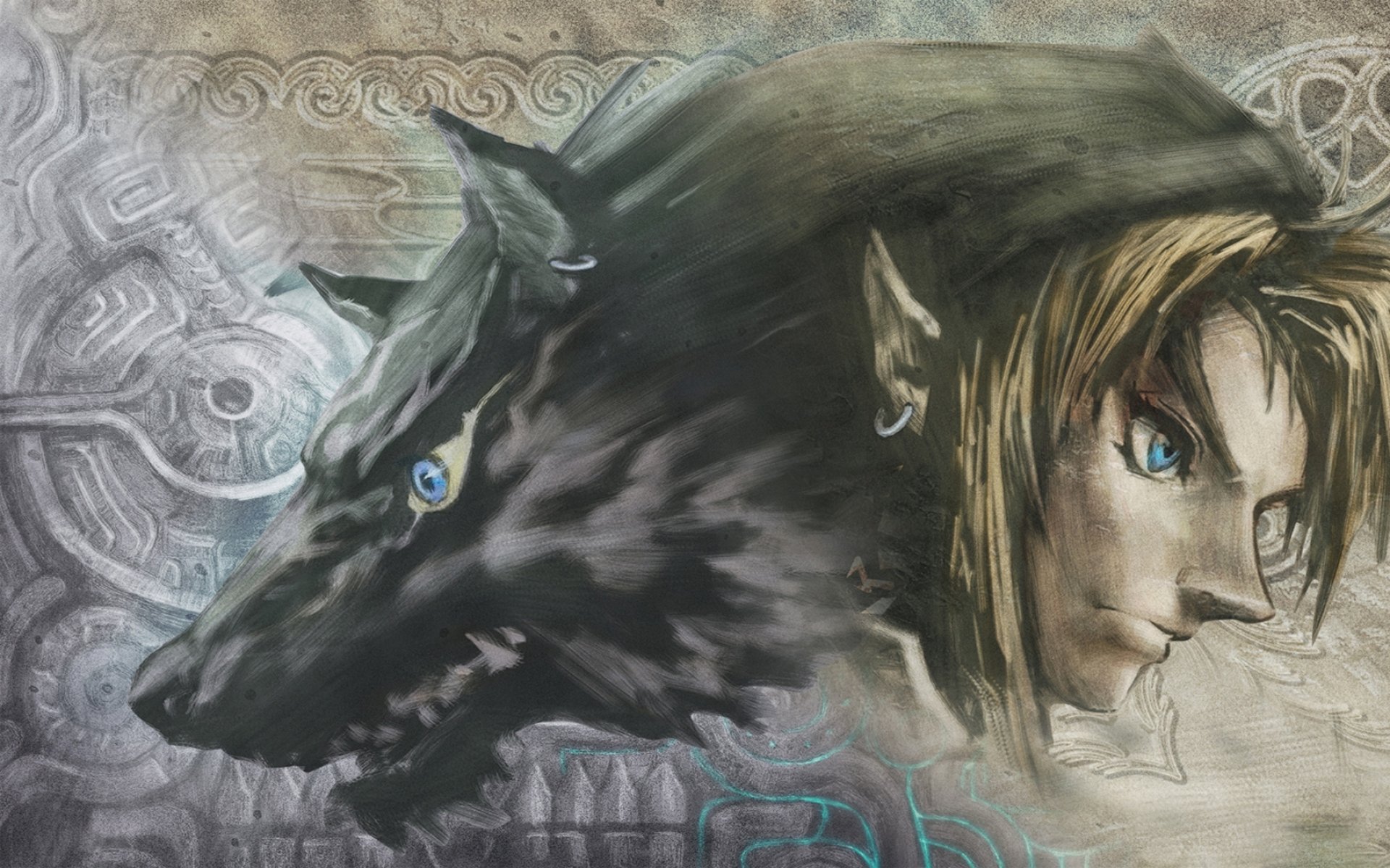 HD PC desktop wallpaper featuring artwork from the video game The Legend of Zelda: Twilight Princess, showcasing a close-up of Link and his wolf form against a detailed background.