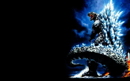HD desktop wallpaper featuring Godzilla in a dramatic pose, surrounded by explosions and set against a dark background.