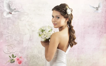 A woman dressed as a bride holding a white bouquet, set against a soft pink and beige background with doves and wedding rings, featured in an HD desktop wallpaper and background.