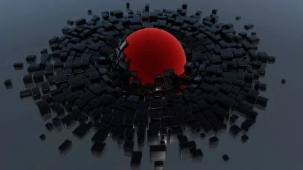 A striking 3D art piece featuring a vibrant red sphere surrounded by a chaotic arrangement of black cubes, creating a dynamic and visually engaging HD desktop wallpaper.