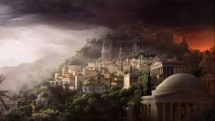 Artistic HD cityscape wallpaper depicting an ancient city with classical architecture under a dramatic sky at dusk.