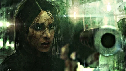 A fierce woman warrior holds a pistol, set against a sci-fi backdrop. This HD desktop wallpaper captures her intense focus and strength in a vibrant, atmospheric scene.