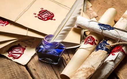A vintage-inspired HD desktop wallpaper featuring a quill pen, a jar of ink, sealed letters, and parchment scrolls, evoking a sense of nostalgia and timeless creativity.