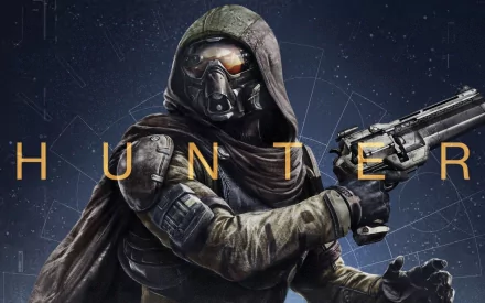 A dramatic HD wallpaper featuring a Destiny video game character, a Hunter in a hooded cloak, poised with a weapon against a cosmic background.