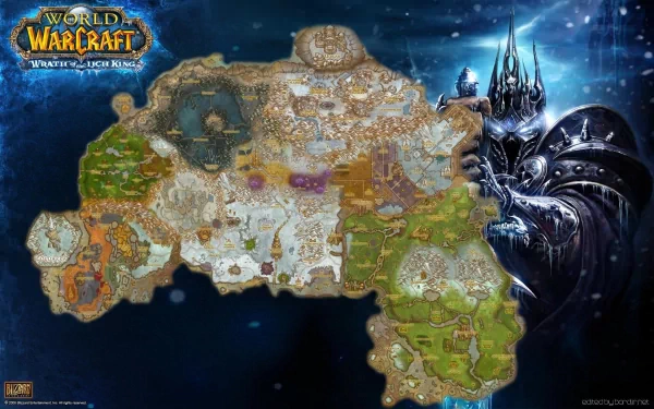 HD desktop wallpaper featuring a detailed map from the video game World of Warcraft: Wrath of the Lich King, showcasing iconic locations and the Lich King character.