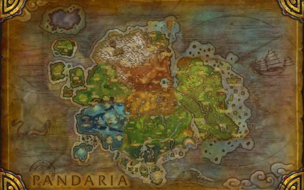 HD desktop wallpaper featuring a detailed map of Pandaria from the video game World of Warcraft: Mists of Pandaria.