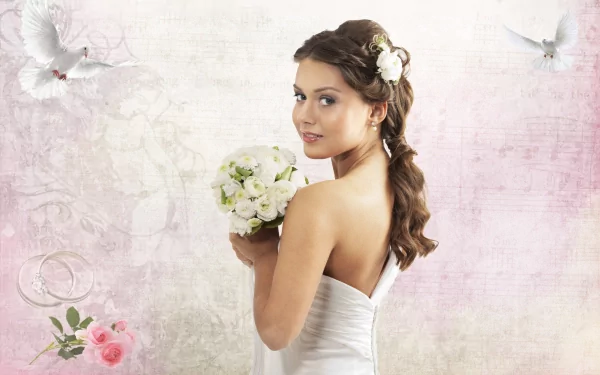 A woman dressed as a bride holding a white bouquet, set against a soft pink and beige background with doves and wedding rings, featured in an HD desktop wallpaper and background.