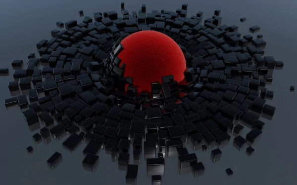 A striking 3D art piece featuring a vibrant red sphere surrounded by a chaotic arrangement of black cubes, creating a dynamic and visually engaging HD desktop wallpaper.