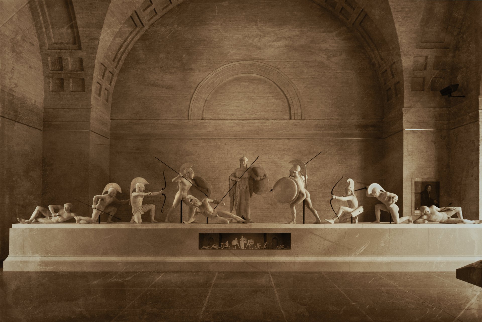 5K Ultra HD PC desktop wallpaper of a man-made sculpture: sepia-toned classical relief depicting armed figures and reclining forms beneath an arched stone interior.