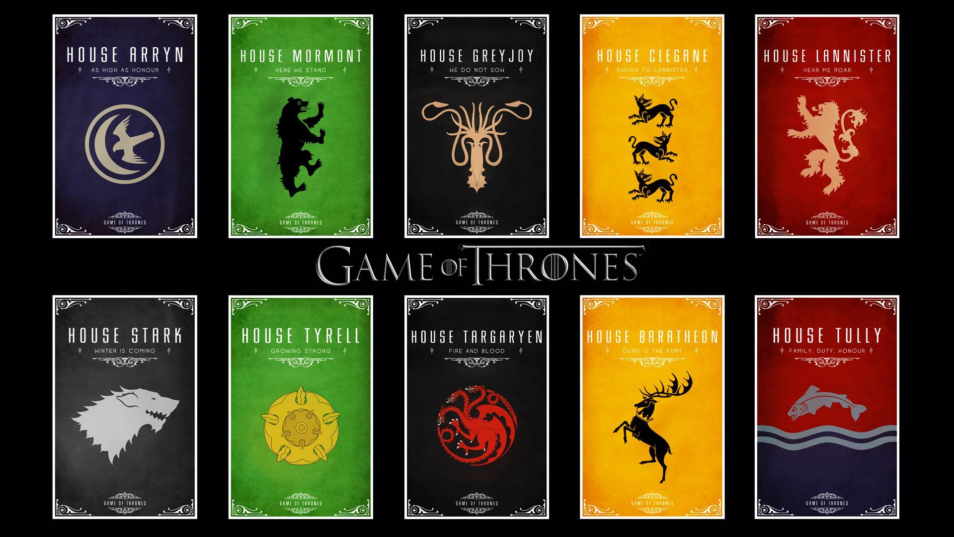 HD PC desktop wallpaper featuring Game of Thrones house sigils and names, showcasing the major noble families from the TV show in a clean, minimalist design.