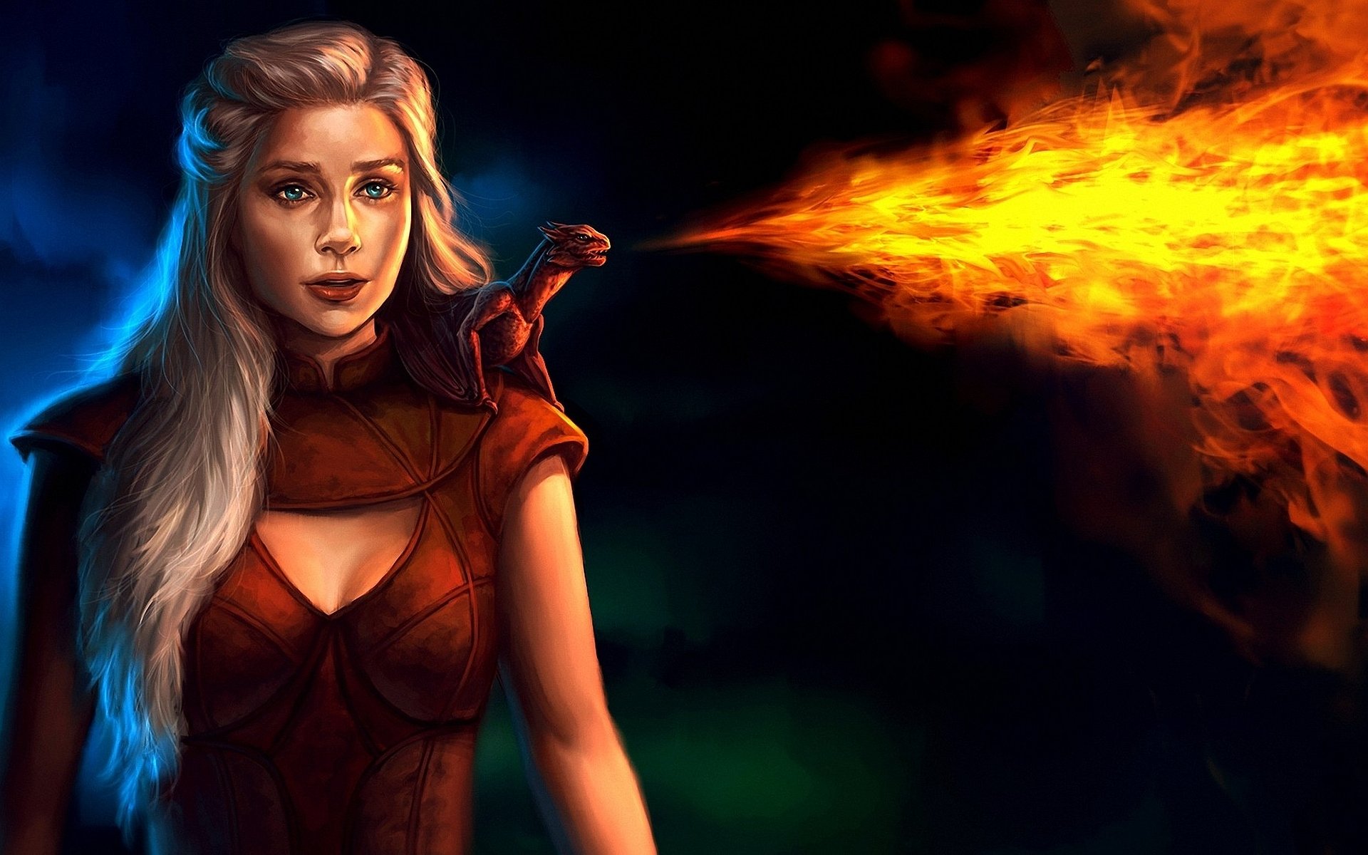 HD desktop wallpaper featuring Daenerys Targaryen from the TV show Game of Thrones, depicted with a fiery dragon breathing flames in the background.