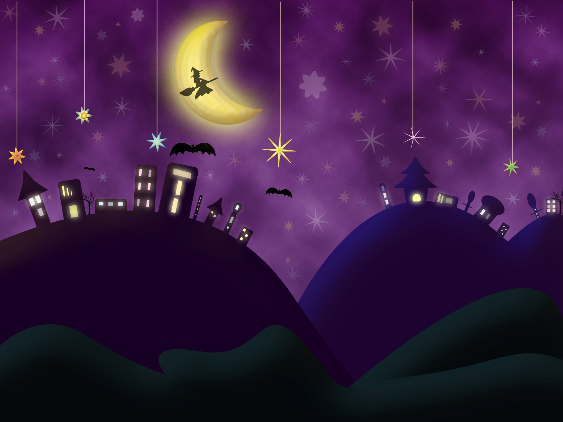 Artistic 4K Ultra HD wallpaper depicting a whimsical night scene with a child on a broomstick flying past a glowing crescent moon over a silhouetted town under a starry purple sky.