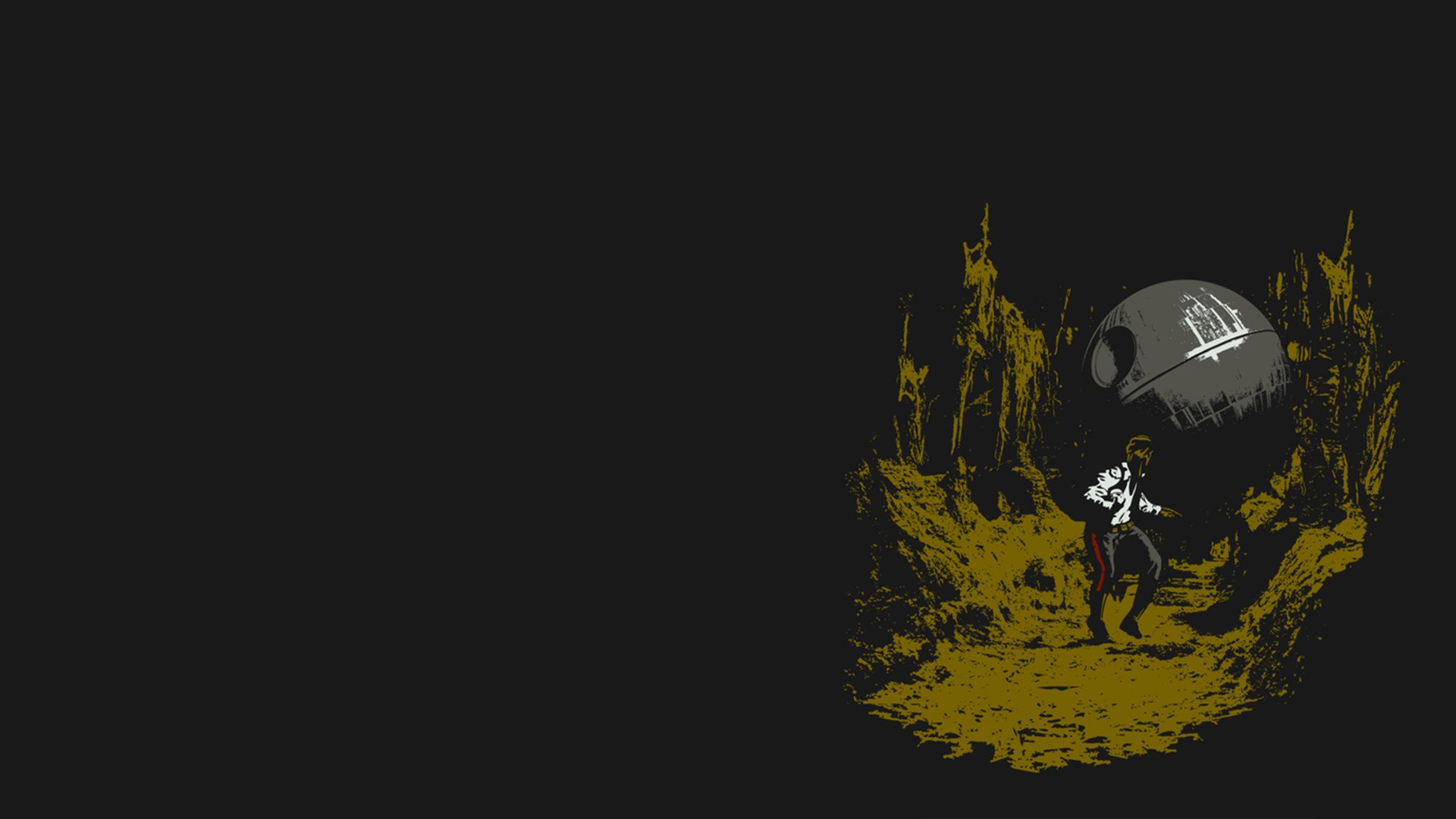 HD PC desktop wallpaper featuring a Star Wars sci-fi scene with a lone figure beneath the Death Star inside a dark cave.