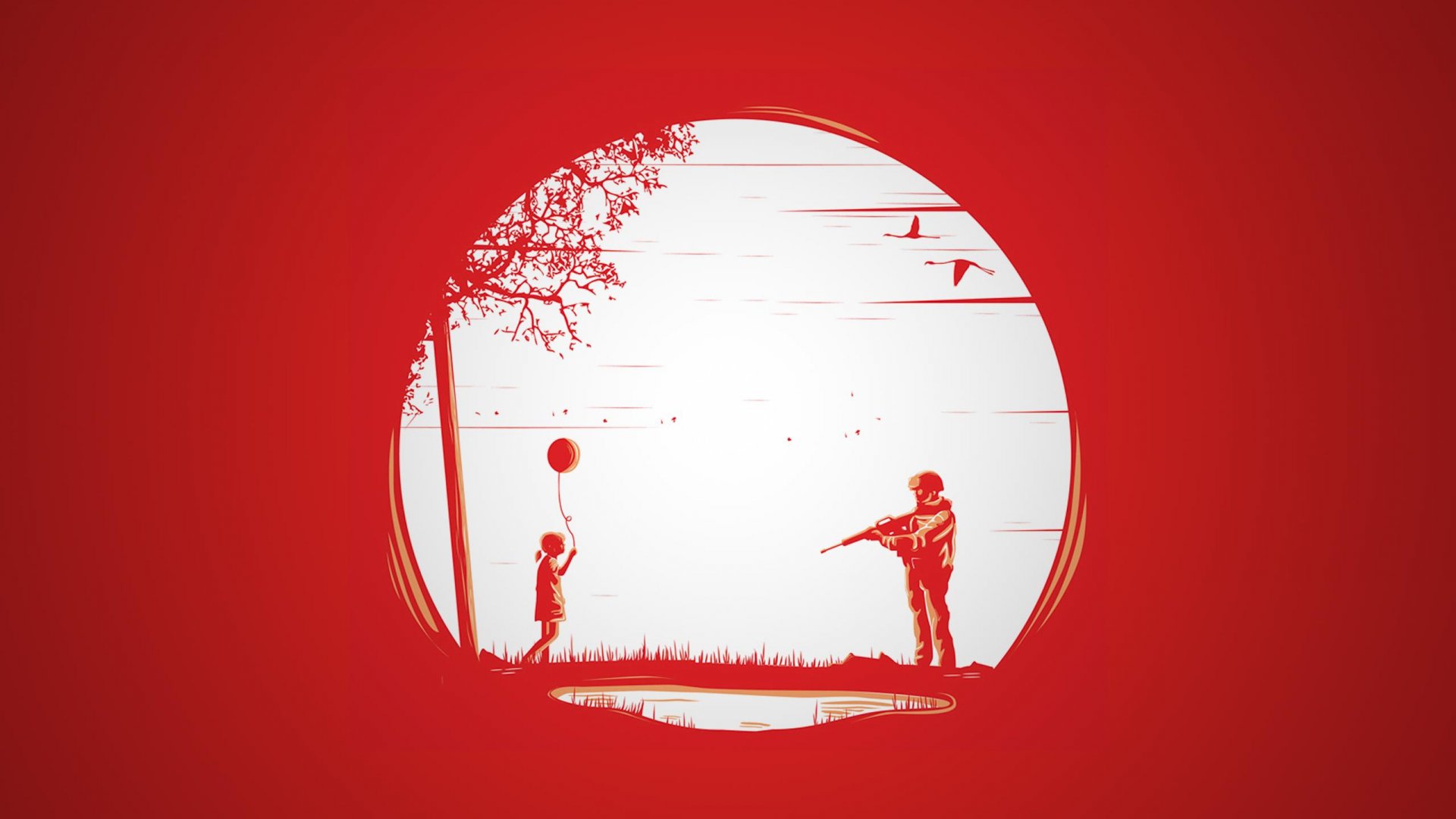Dark emo 2K Quad HD PC desktop wallpaper and background: red scene with a white circular moon silhouette showing a child with a balloon and a figure aiming a gun by trees.