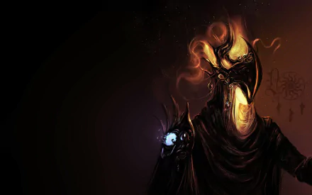 Dark fantasy warrior with glowing eyes and fiery helmet, set against a shadowy background; a striking HD PC desktop wallpaper and background.