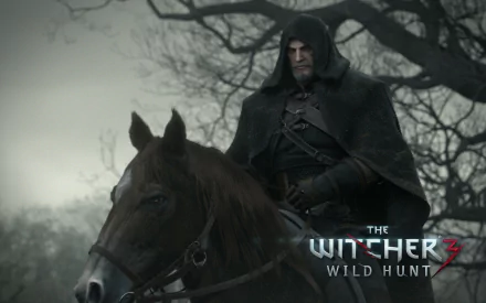Geralt of Rivia from The Witcher 3: Wild Hunt rides a horse in a moody, atmospheric landscape, showcasing the game's stunning HD graphics.