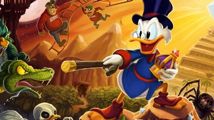 HD desktop wallpaper featuring characters from the classic TV show DuckTales (1987), showcasing Scrooge McDuck on an adventurous backdrop with whimsical creatures and action elements.