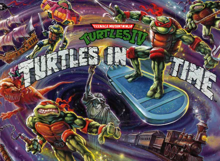 HD PC desktop wallpaper featuring vibrant artwork from the video game Teenage Mutant Ninja Turtles IV: Turtles in Time with the four turtles in dynamic poses.
