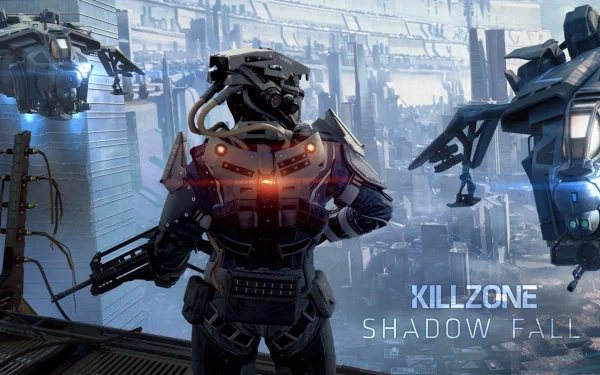 HD PC desktop wallpaper featuring a futuristic soldier overlooking a sprawling cityscape from the video game Killzone: Shadow Fall.