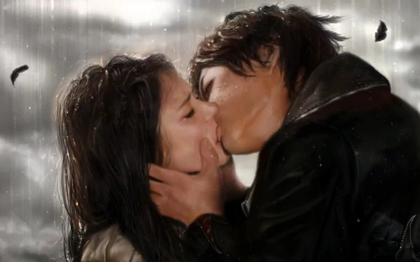 A dramatic scene from The Vampire Diaries, featuring two characters locked in a passionate kiss amidst a rain-soaked backdrop, creating a captivating HD wallpaper.
