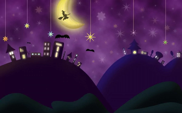 Artistic 4K Ultra HD wallpaper depicting a whimsical night scene with a child on a broomstick flying past a glowing crescent moon over a silhouetted town under a starry purple sky.