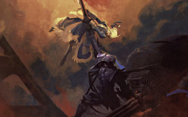 HD desktop wallpaper depicting a fierce battle between Berserker and Saber from Fate/Zero anime series. The scene captures the intense action and dramatic atmosphere of the Fate/Zero universe.