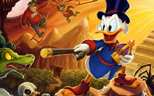 HD desktop wallpaper featuring characters from the classic TV show DuckTales (1987), showcasing Scrooge McDuck on an adventurous backdrop with whimsical creatures and action elements.