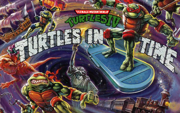 HD PC desktop wallpaper featuring vibrant artwork from the video game Teenage Mutant Ninja Turtles IV: Turtles in Time with the four turtles in dynamic poses.