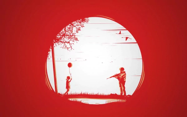 Dark emo 2K Quad HD PC desktop wallpaper and background: red scene with a white circular moon silhouette showing a child with a balloon and a figure aiming a gun by trees.