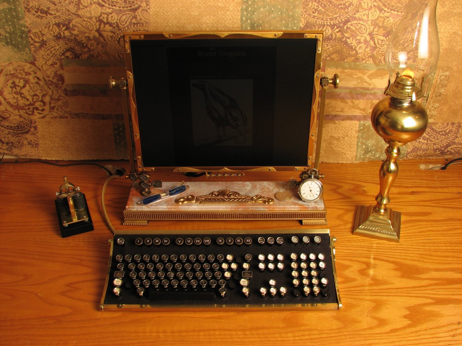 HD PC desktop wallpaper showcasing a steampunk-inspired sci-fi setup with a vintage typewriter keyboard, an oil lamp, and an antiquated monitor on a wooden desk.