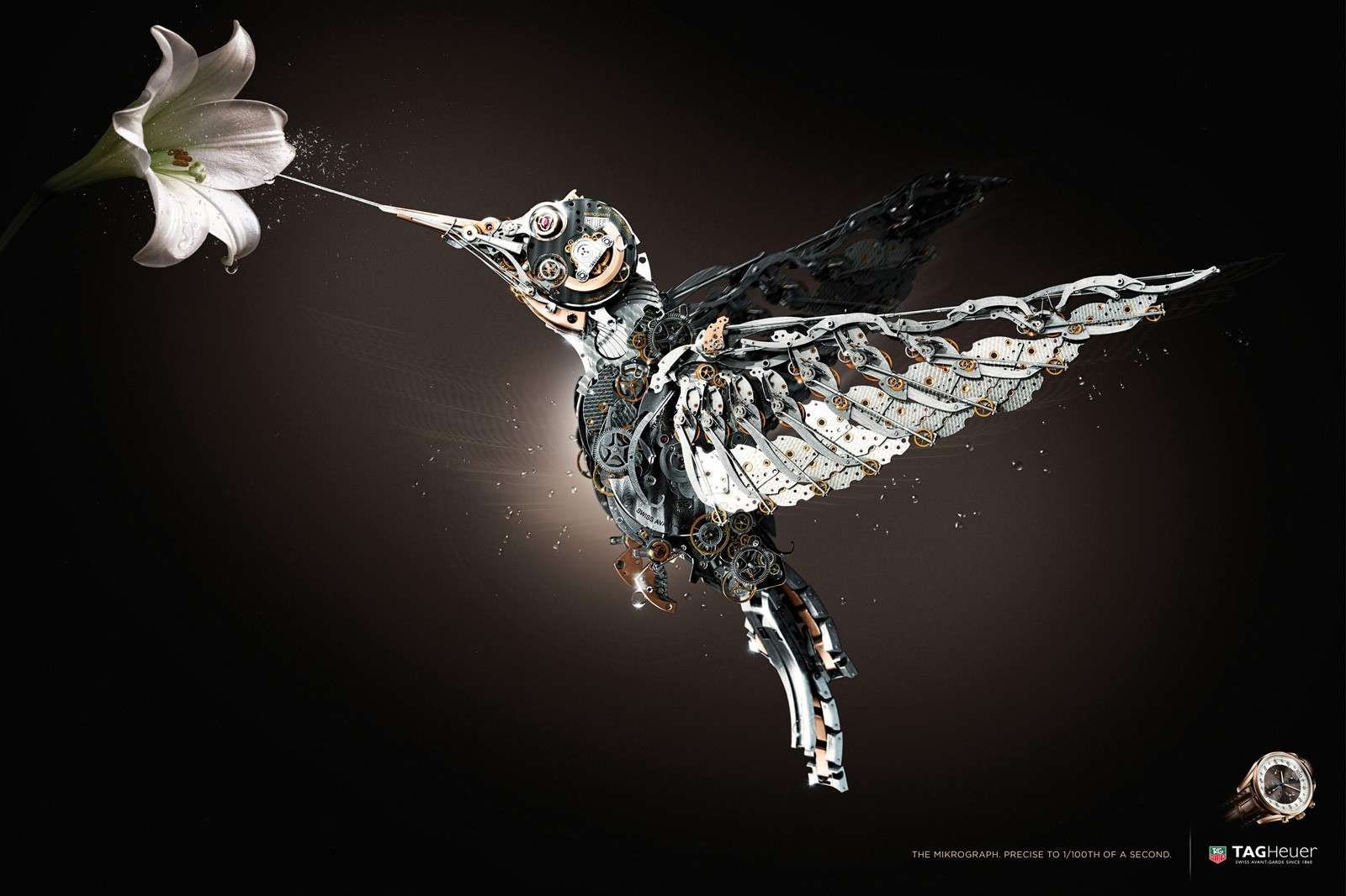 A stunning HD steampunk-inspired wallpaper featuring a mechanical hummingbird delicately sipping from a flower, blending sci-fi elements with intricate design.