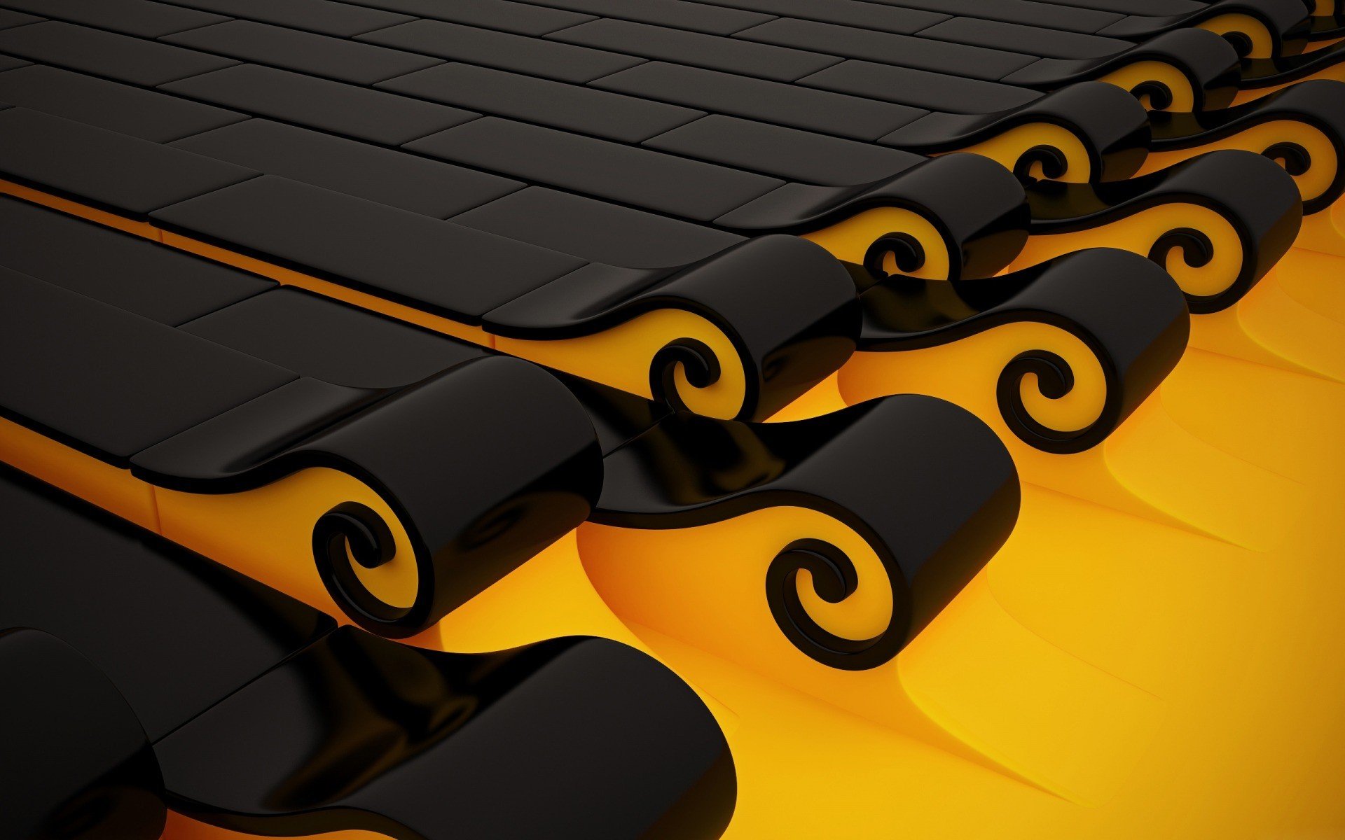 A striking CGI abstract 3D design featuring curved black elements against a vibrant yellow background, designed as an HD desktop wallpaper and background.